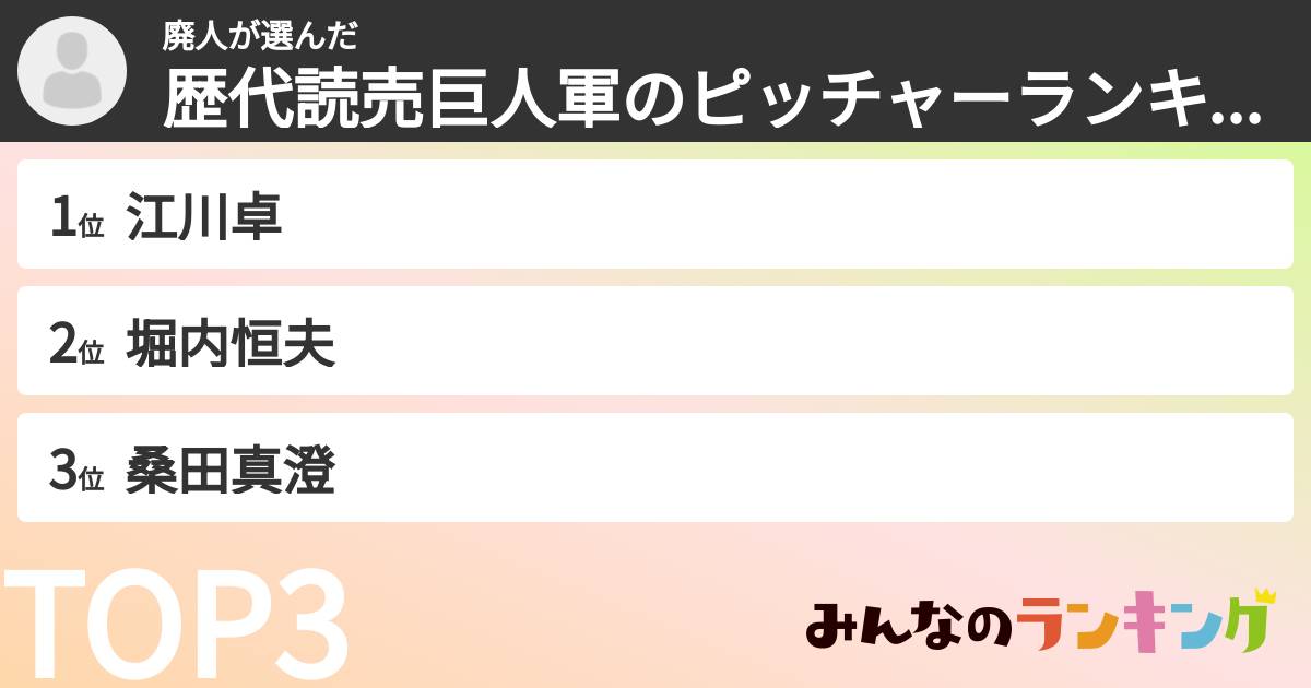廃人さんの「歴代読売巨人軍のピッチャーランキング」