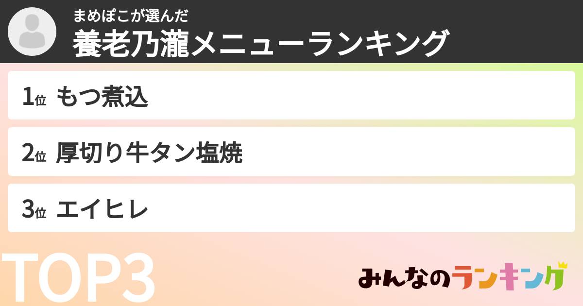 まめぽこさんの「養老乃瀧メニューランキング」