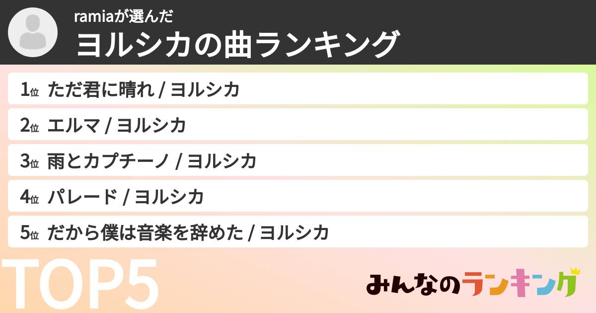ramiaさんの「ヨルシカの曲ランキング」