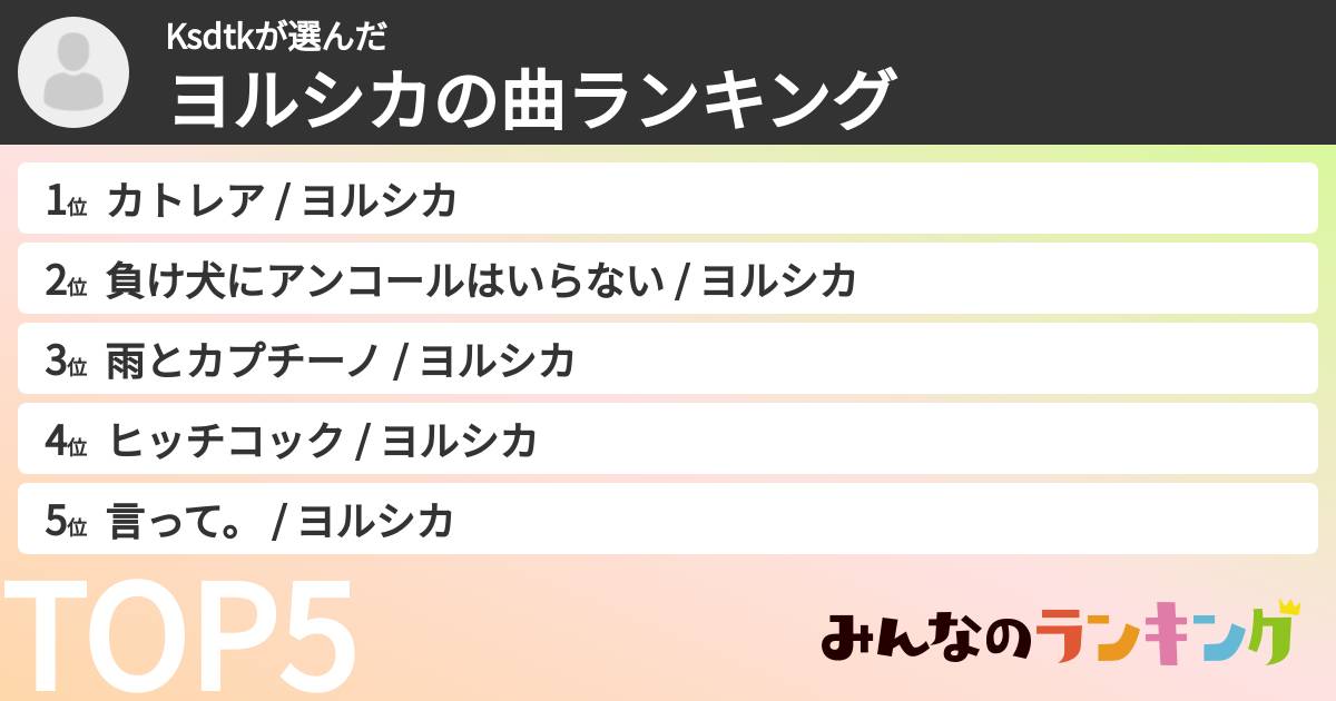 Ksdtkさんの「ヨルシカの曲ランキング」