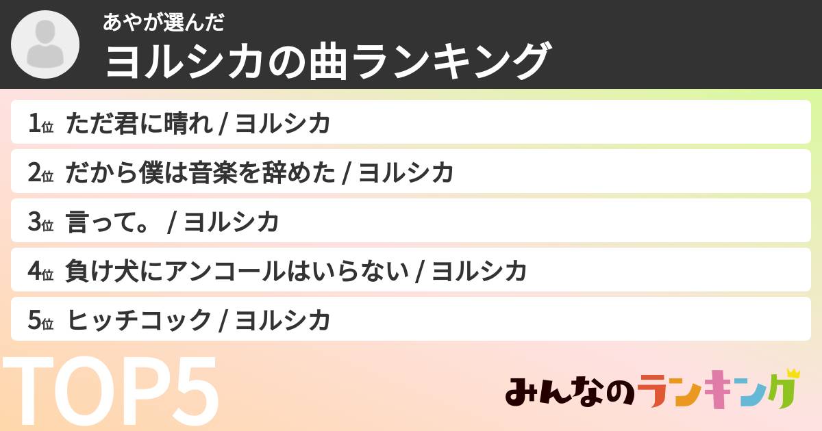 あやさんの「ヨルシカの曲ランキング」