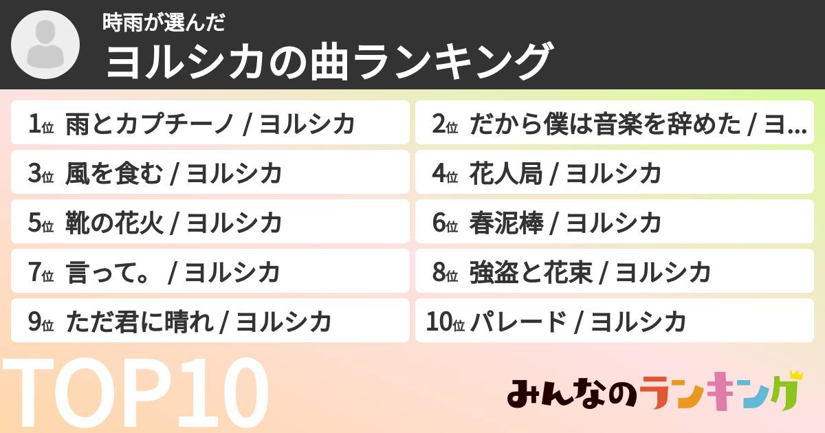 時雨さんの「ヨルシカの曲ランキング」