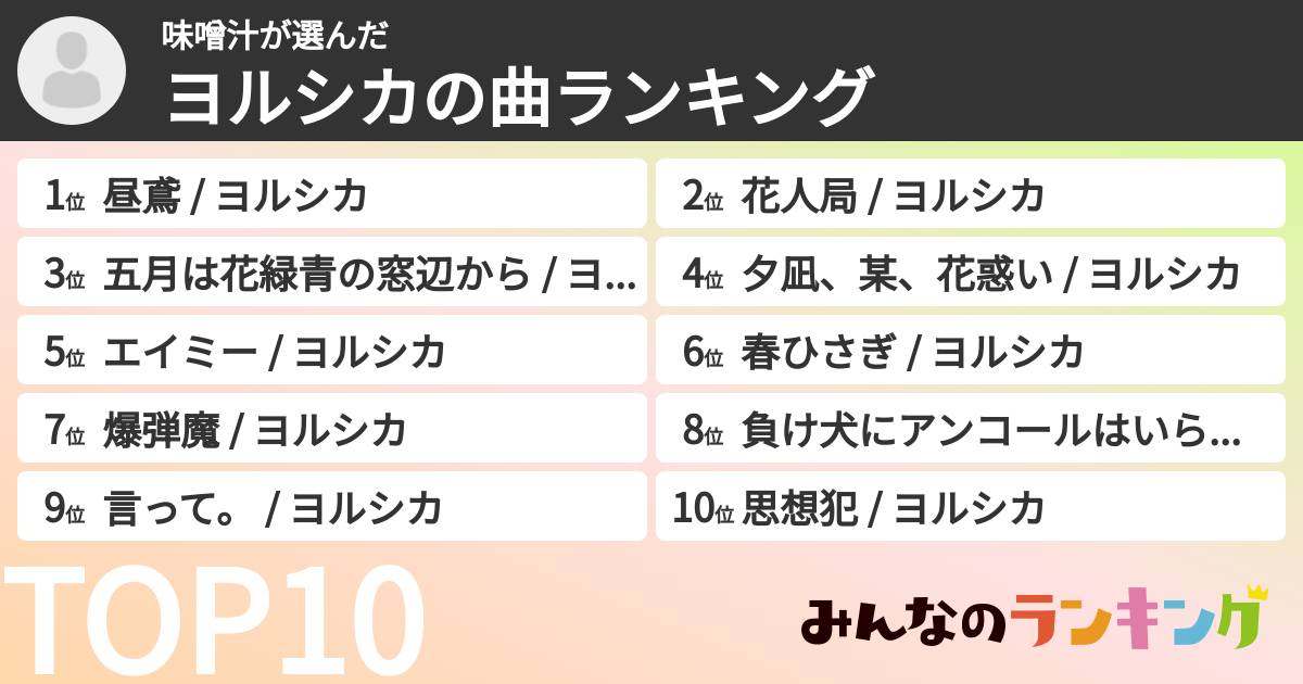 味噌汁さんの「ヨルシカの曲ランキング」