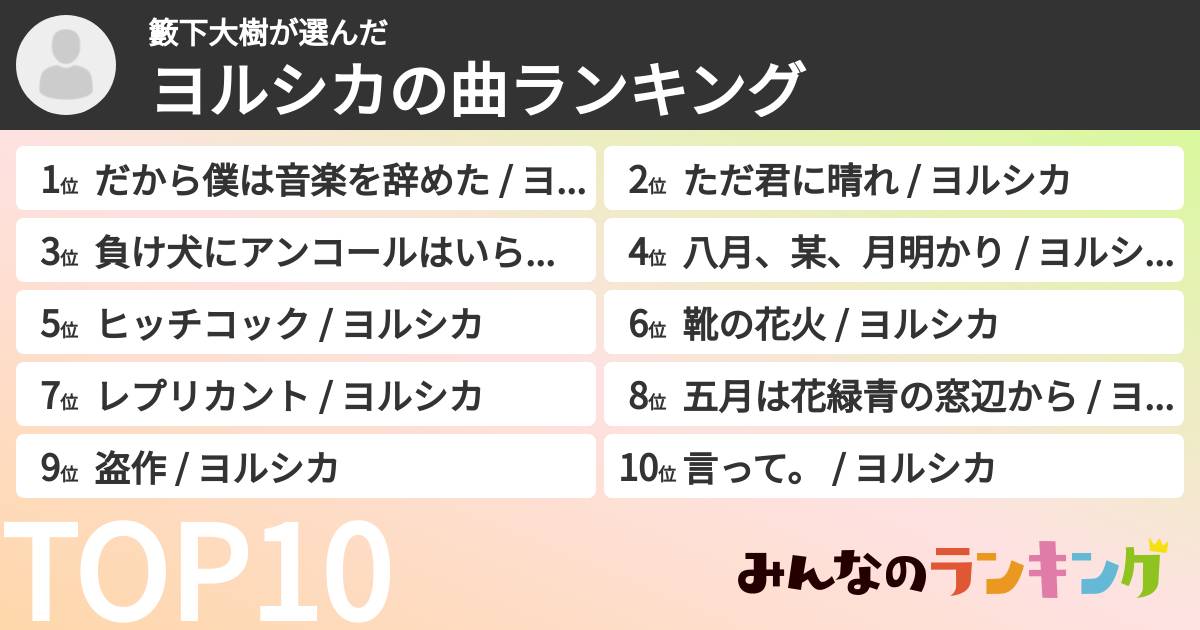 籔下大樹さんの「ヨルシカの曲ランキング」
