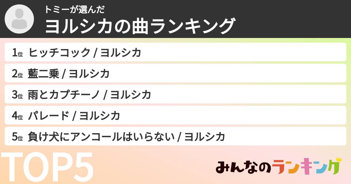 トミーさんの「ヨルシカの曲ランキング」