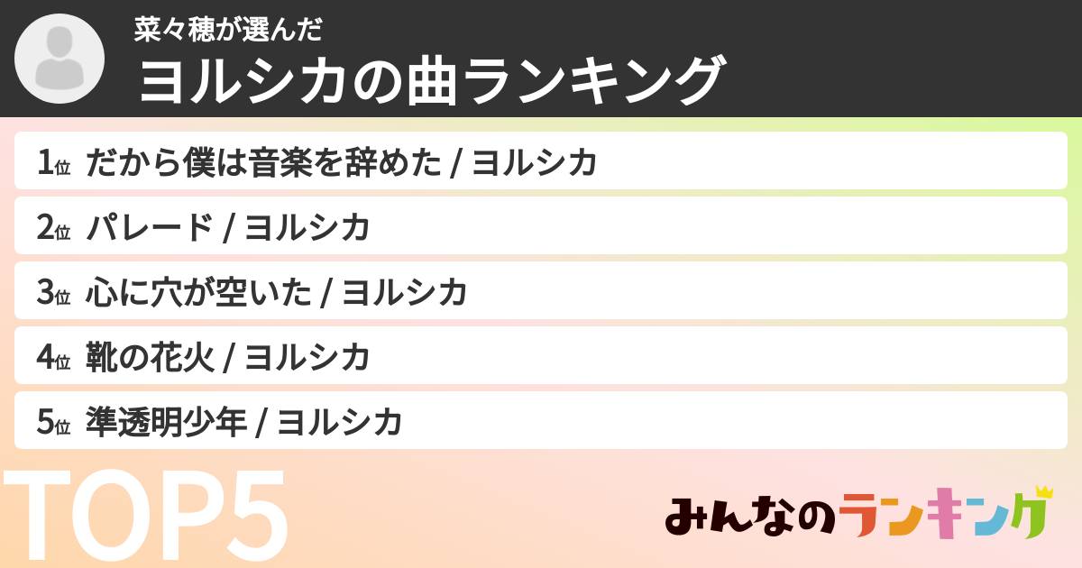 菜々穂さんの「ヨルシカの曲ランキング」