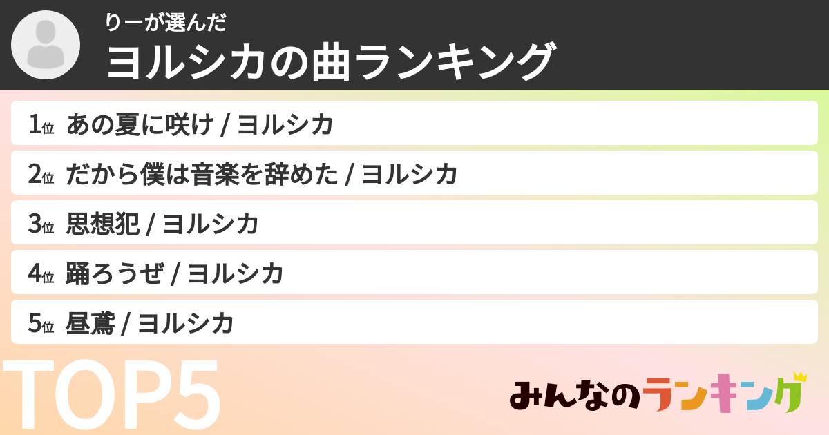 りーさんの「ヨルシカの曲ランキング」
