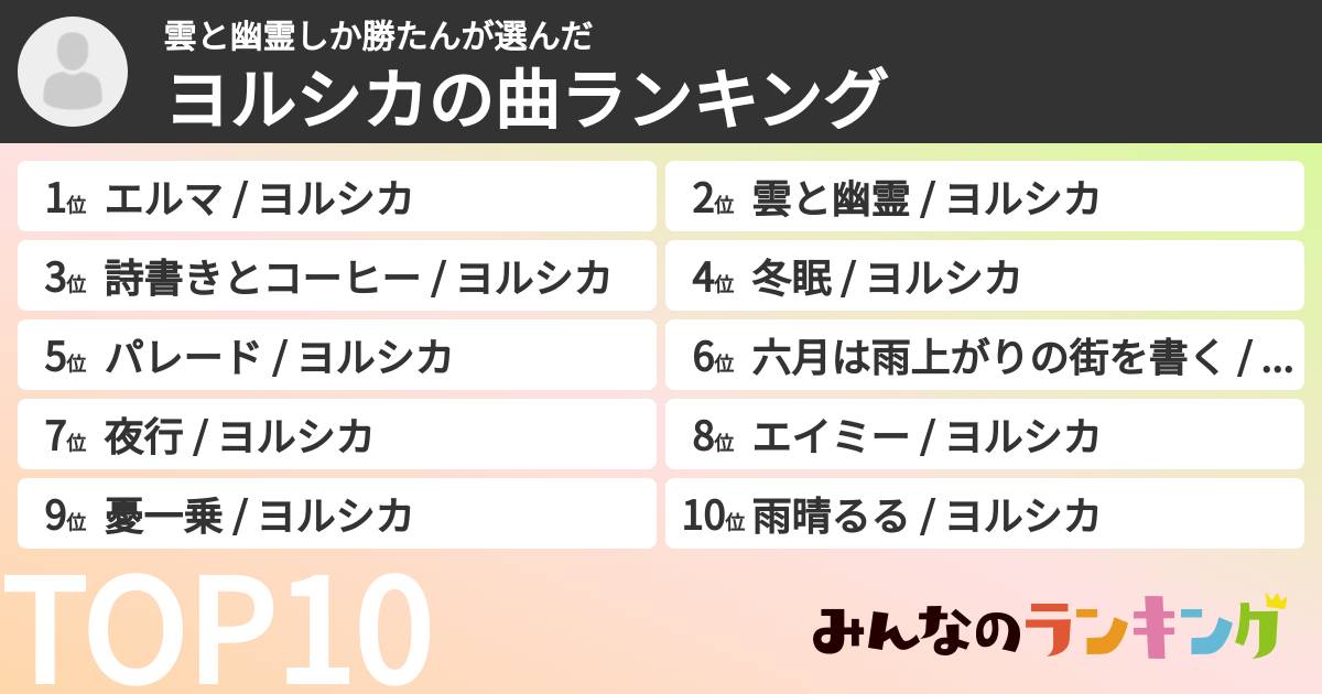 雲と幽霊しか勝たんさんの「ヨルシカの曲ランキング」