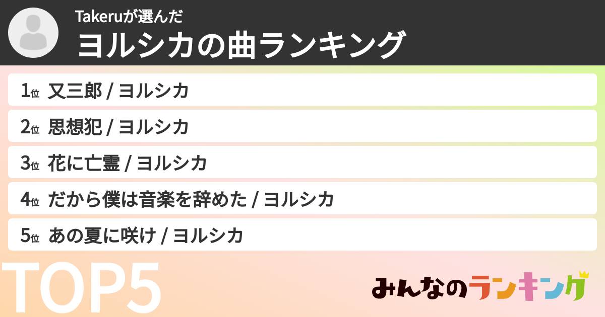Takeruさんの「ヨルシカの曲ランキング」