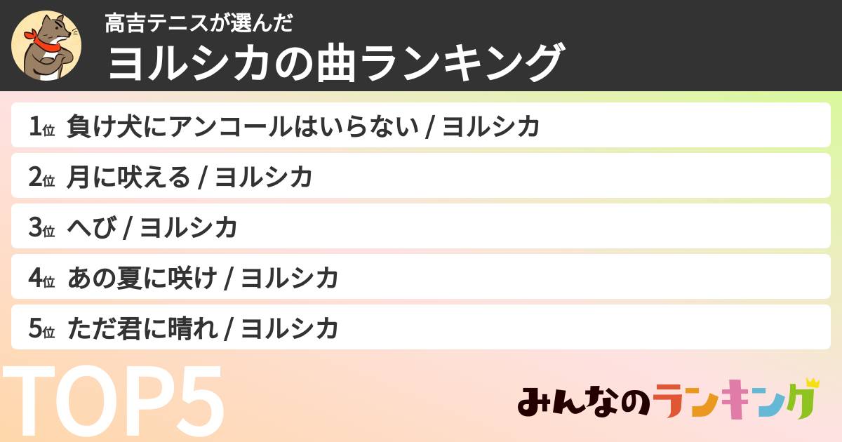 高吉テニスさんの「ヨルシカの曲ランキング」