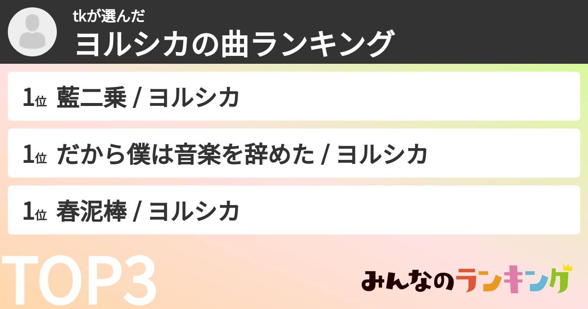 tkさんの「ヨルシカの曲ランキング」