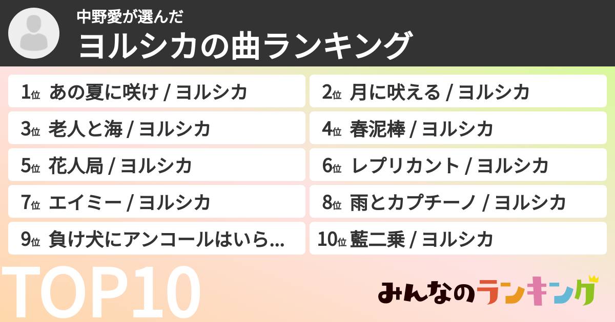 中野愛さんの「ヨルシカの曲ランキング」