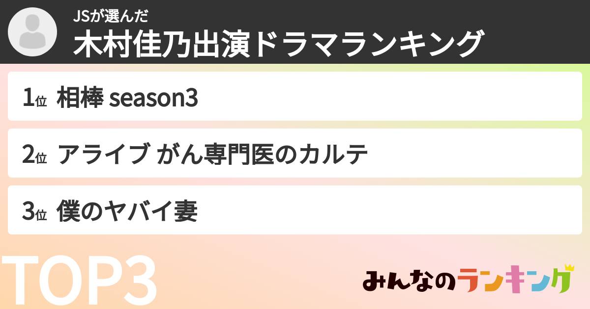 JSさんの「木村佳乃出演ドラマランキング」