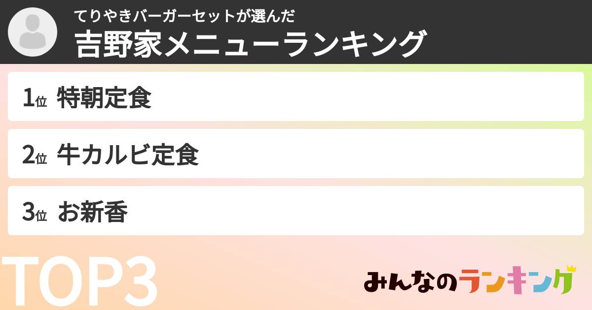 てりやきバーガーセットさんの「吉野家メニューランキング」