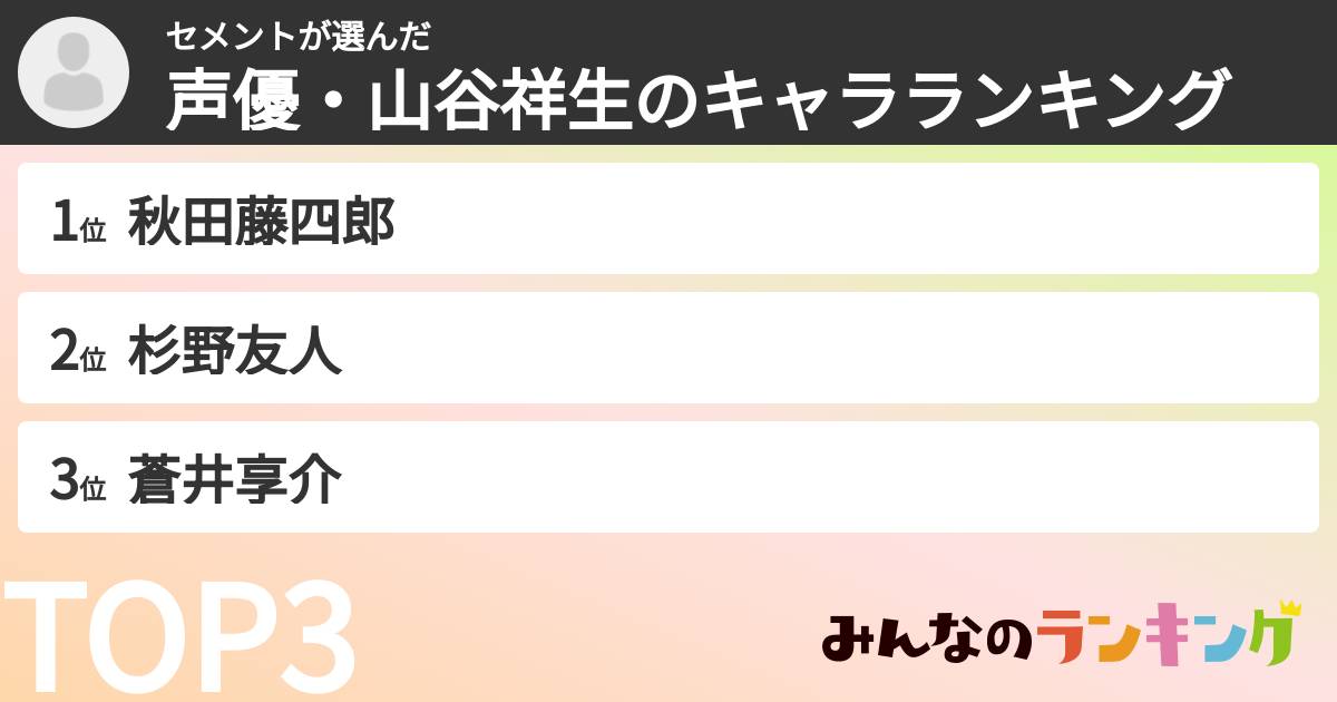 セメントさんの「声優・山谷祥生のキャラランキング」
