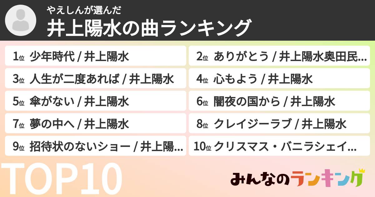 やえしんさんの「井上陽水の曲ランキング」