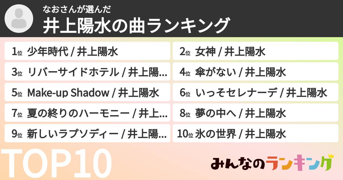 なおさんさんの「井上陽水の曲ランキング」