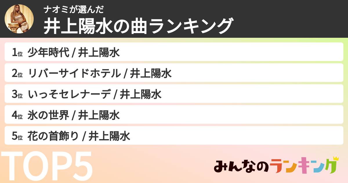 ナオミさんの「井上陽水の曲ランキング」