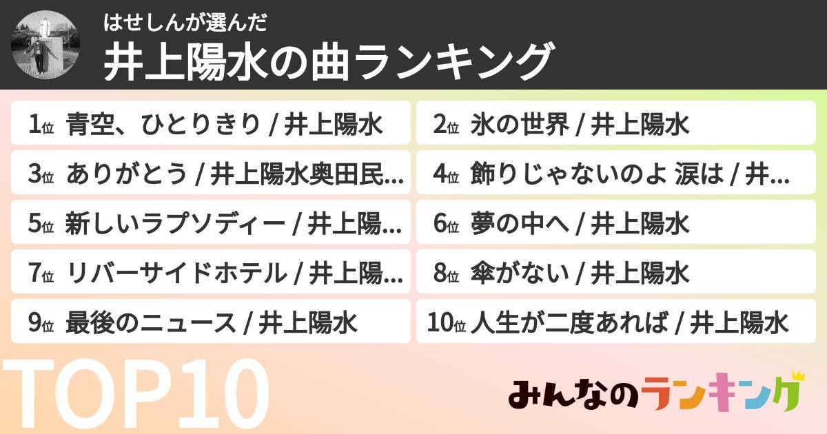 はせしんさんの「井上陽水の曲ランキング」
