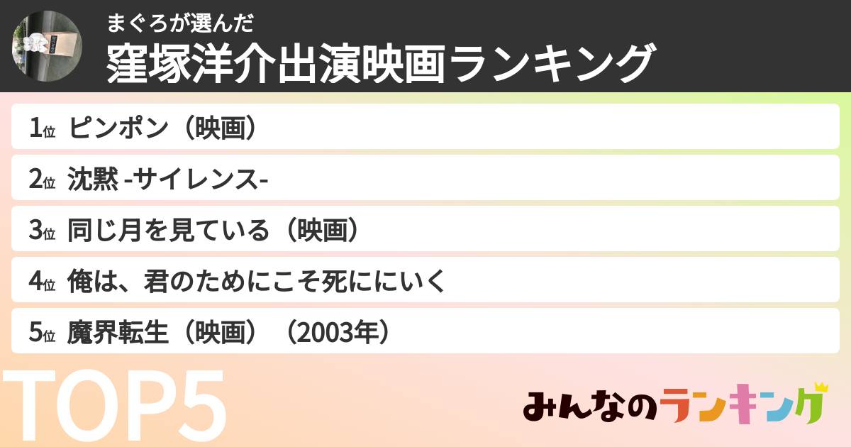 まぐろさんの「窪塚洋介出演映画ランキング」