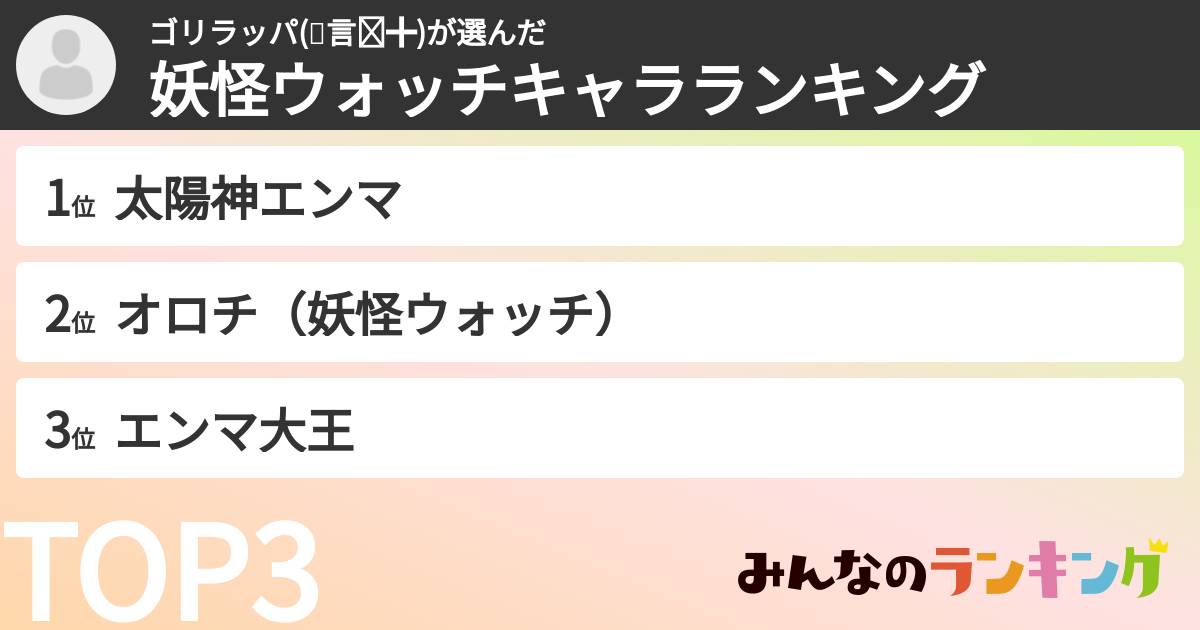 ゴリラッパ(ʘ言ʘ╬)さんの「妖怪ウォッチキャラランキング」