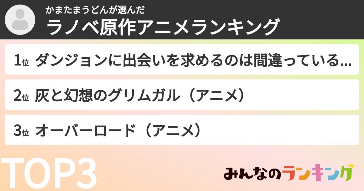 かまたまうどんさんの「ラノベ原作アニメランキング」