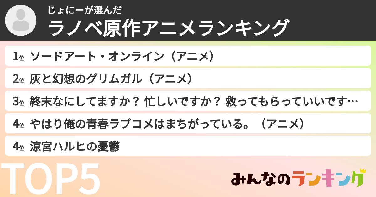 じょにーさんの「ラノベ原作アニメランキング」