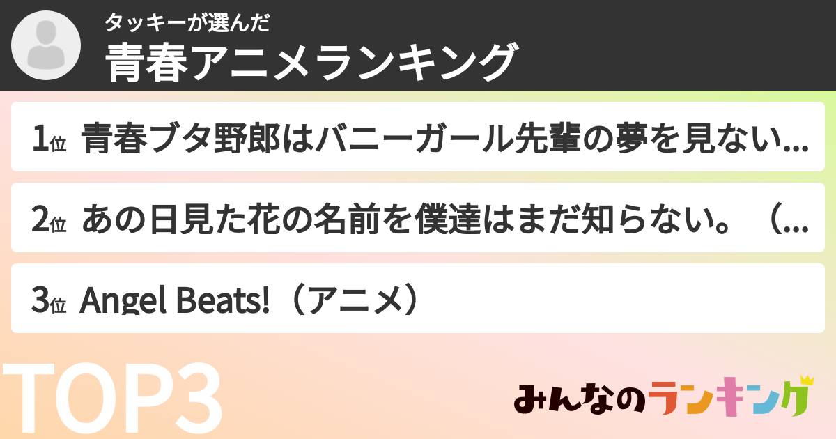 タッキーさんの「青春アニメランキング」