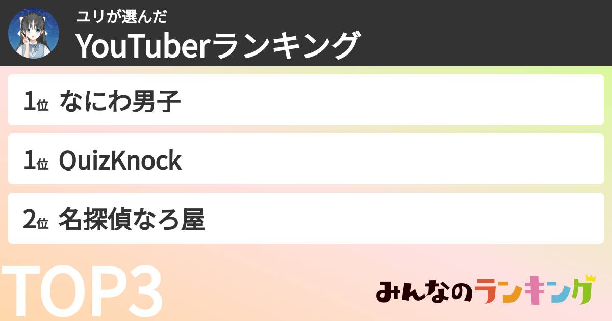 ユリさんの「YouTuberランキング」