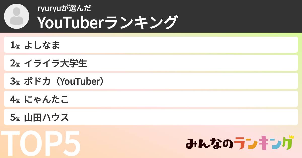 ryuryuさんの「YouTuberランキング」