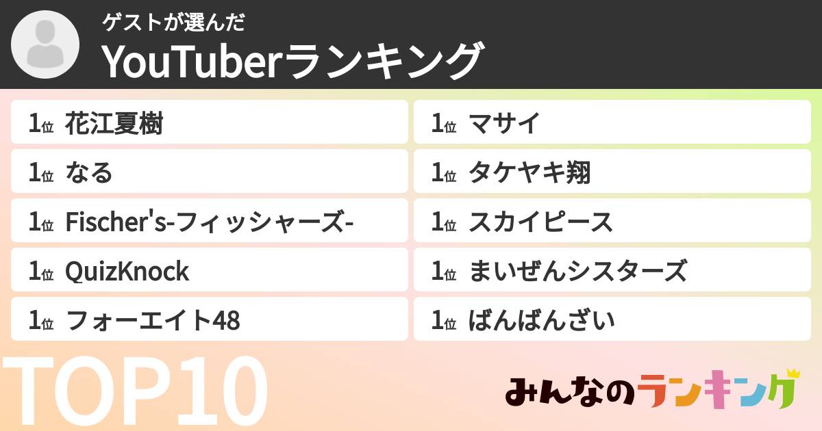 ゲストさんの「YouTuberランキング」