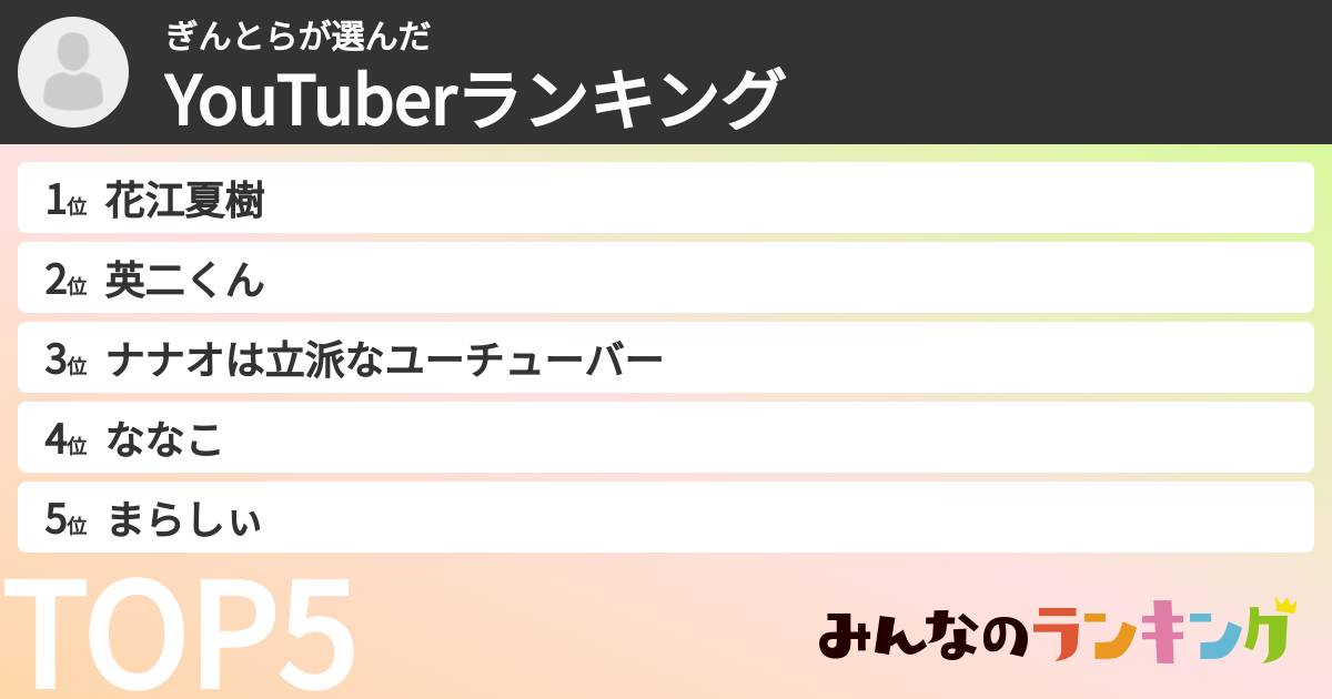 ぎんとらさんの「YouTuberランキング」