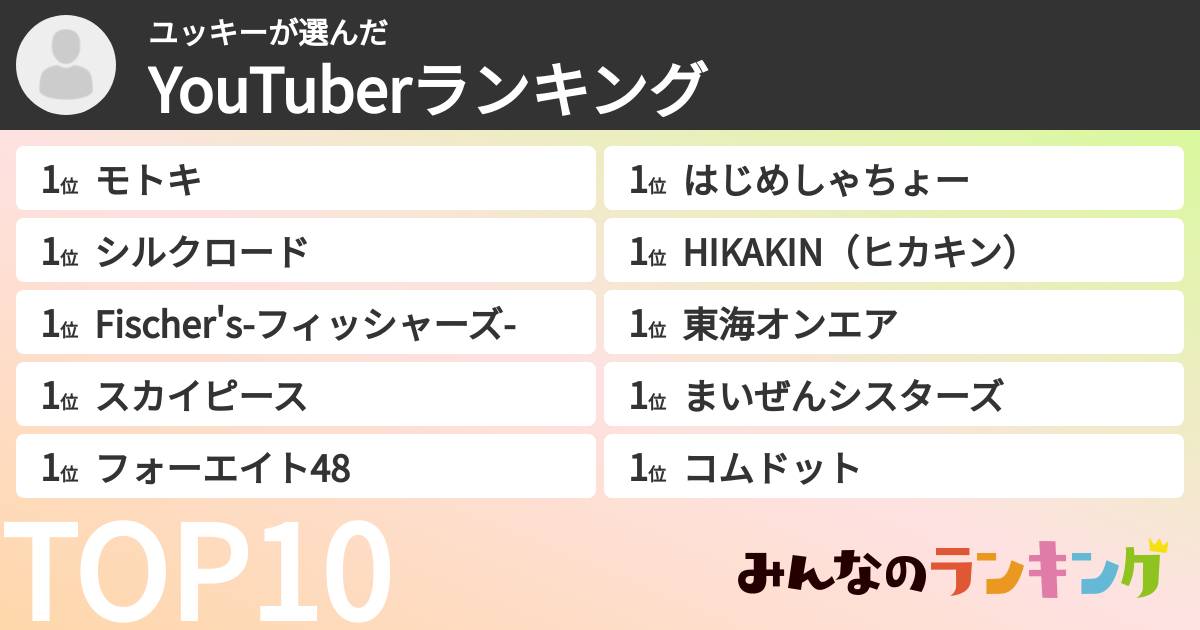 ユッキーさんの「YouTuberランキング」
