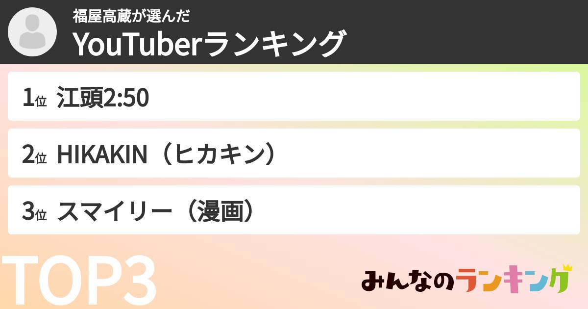 福屋高蔵さんの「YouTuberランキング」
