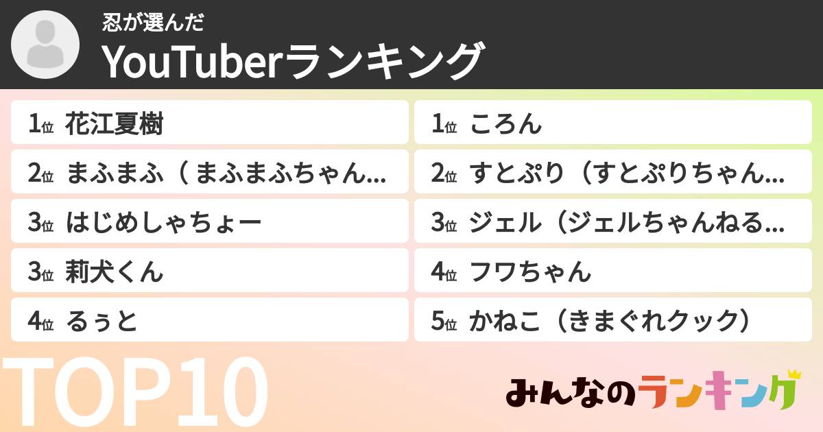 忍さんの「YouTuberランキング」