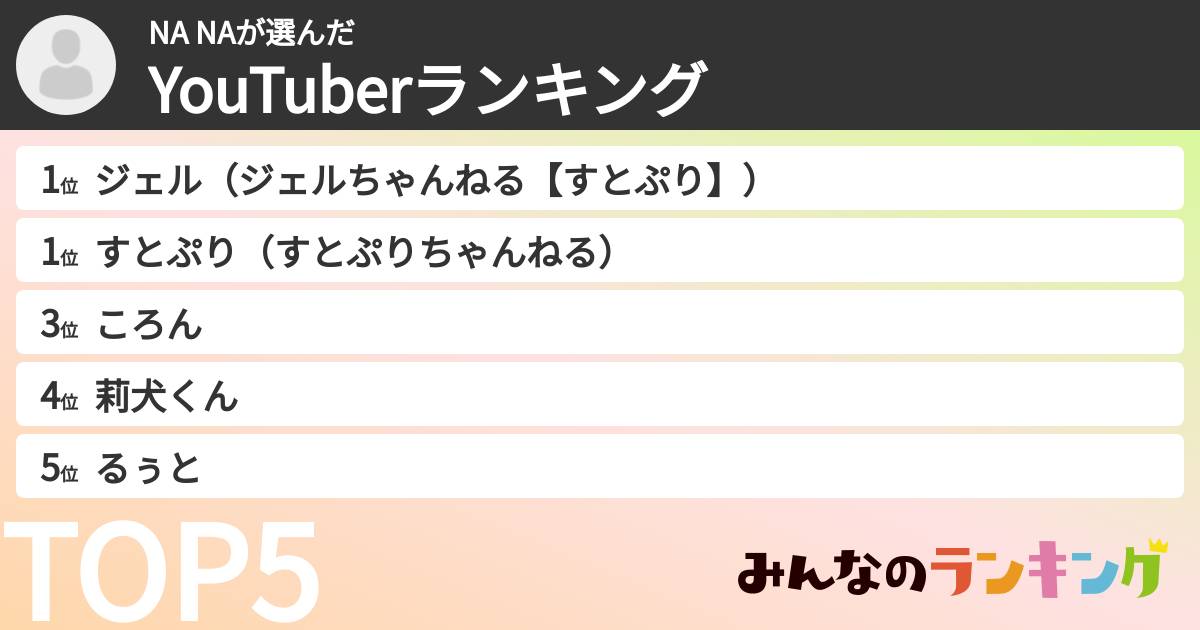 NA NAさんの「YouTuberランキング」
