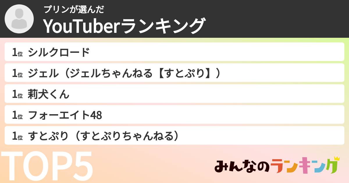 プリンさんの「YouTuberランキング」