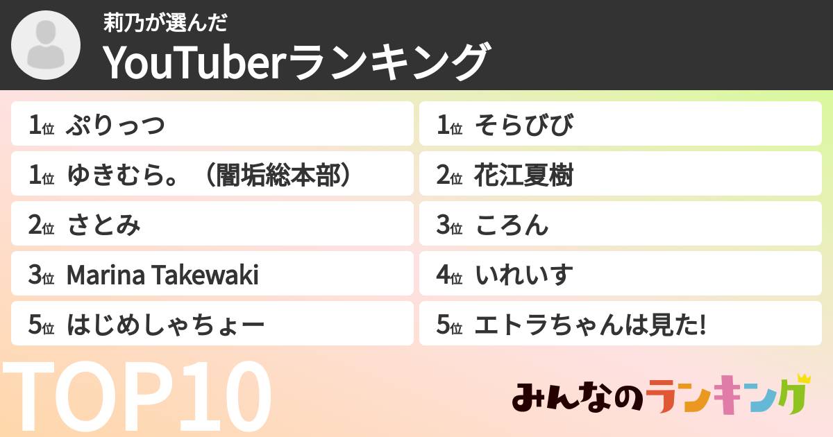 莉乃さんの「YouTuberランキング」