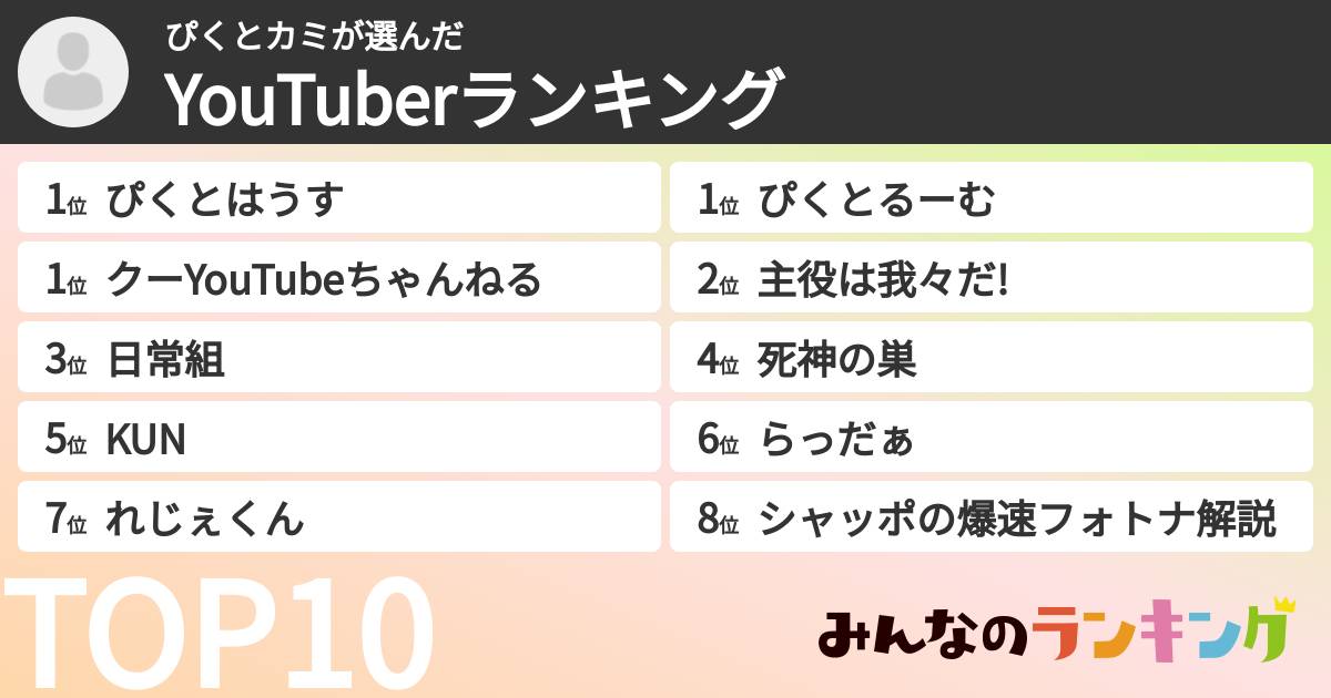 ぴくとカミさんの「YouTuberランキング」