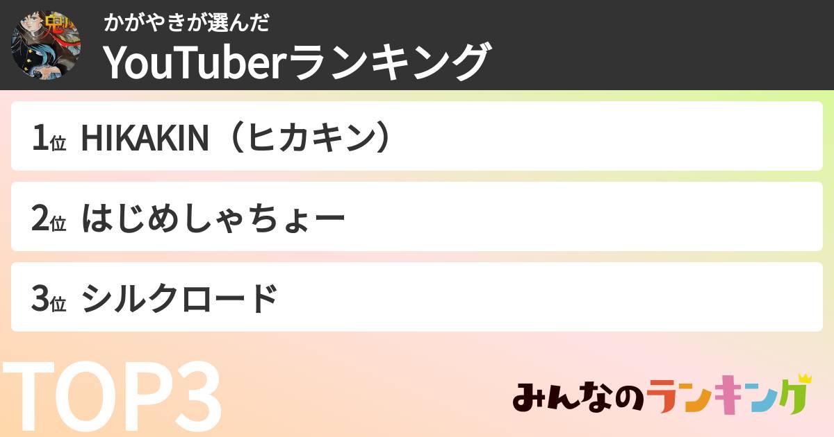 かがやきさんの「YouTuberランキング」