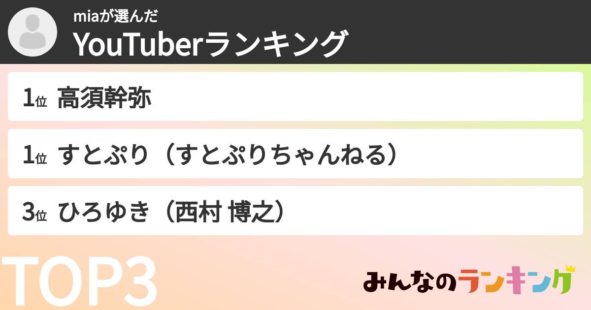 miaさんの「YouTuberランキング」