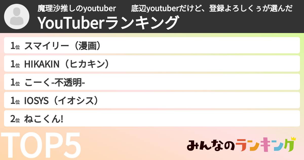魔理沙推しのyoutuber　　底辺youtuberだけど、登録よろしくぅさんの「YouTuberランキング」