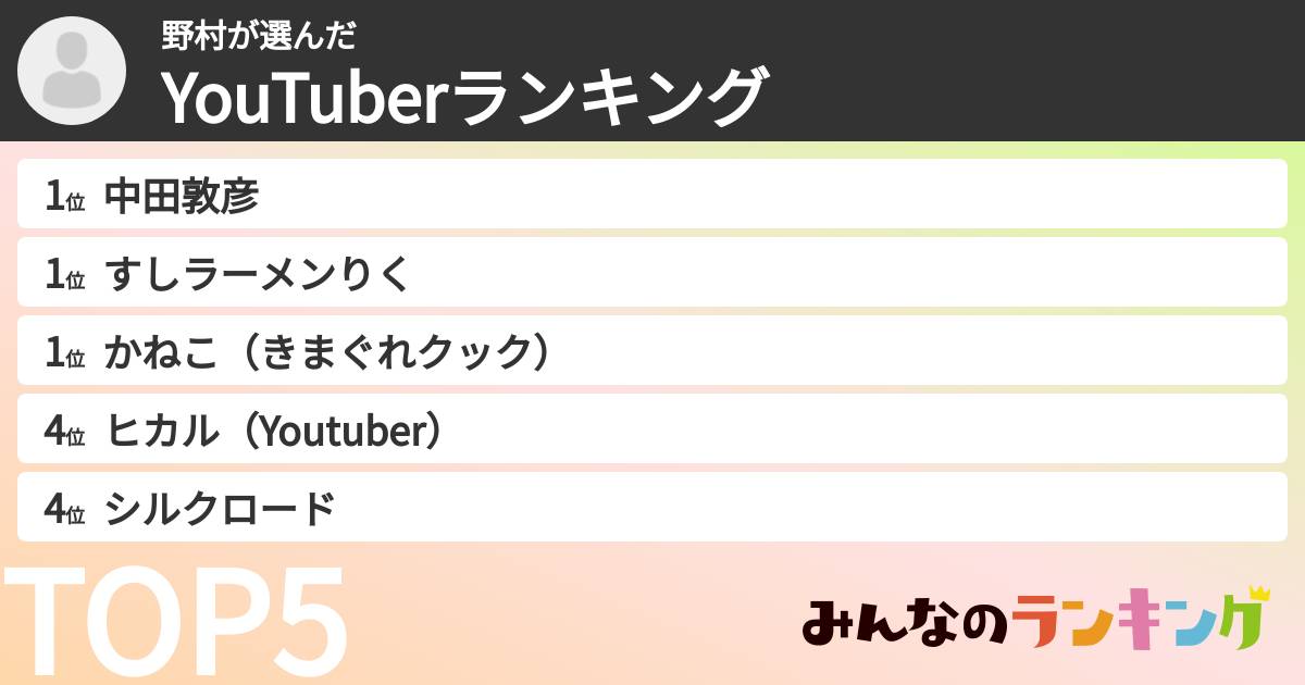 野村さんの「YouTuberランキング」