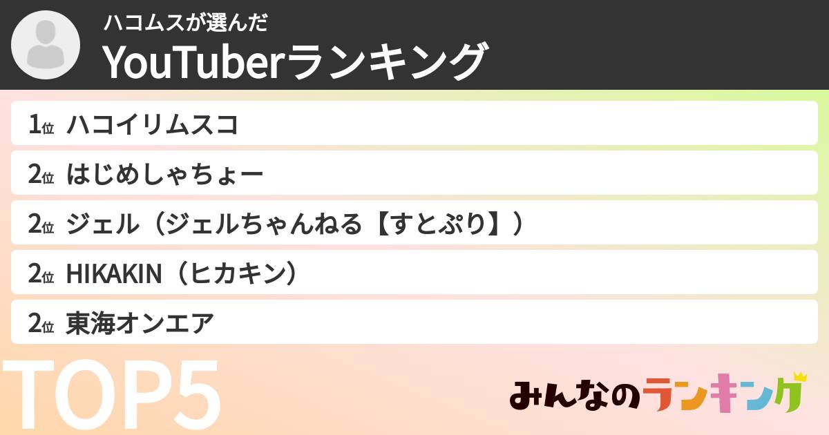ハコムスさんの「YouTuberランキング」