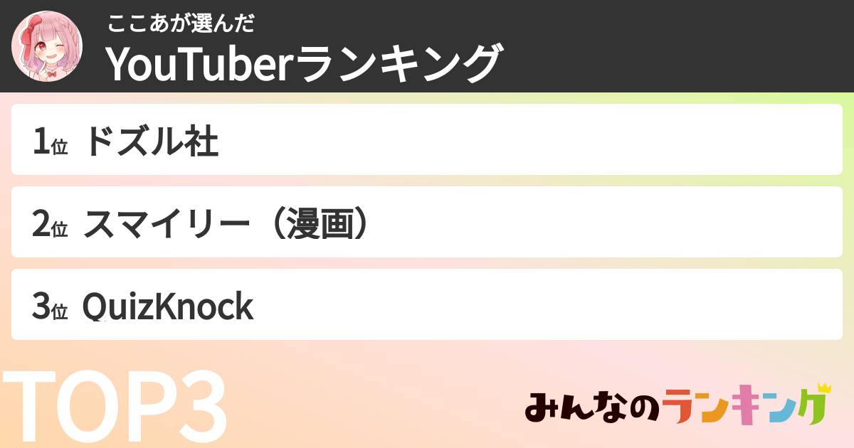 ここあさんの「YouTuberランキング」