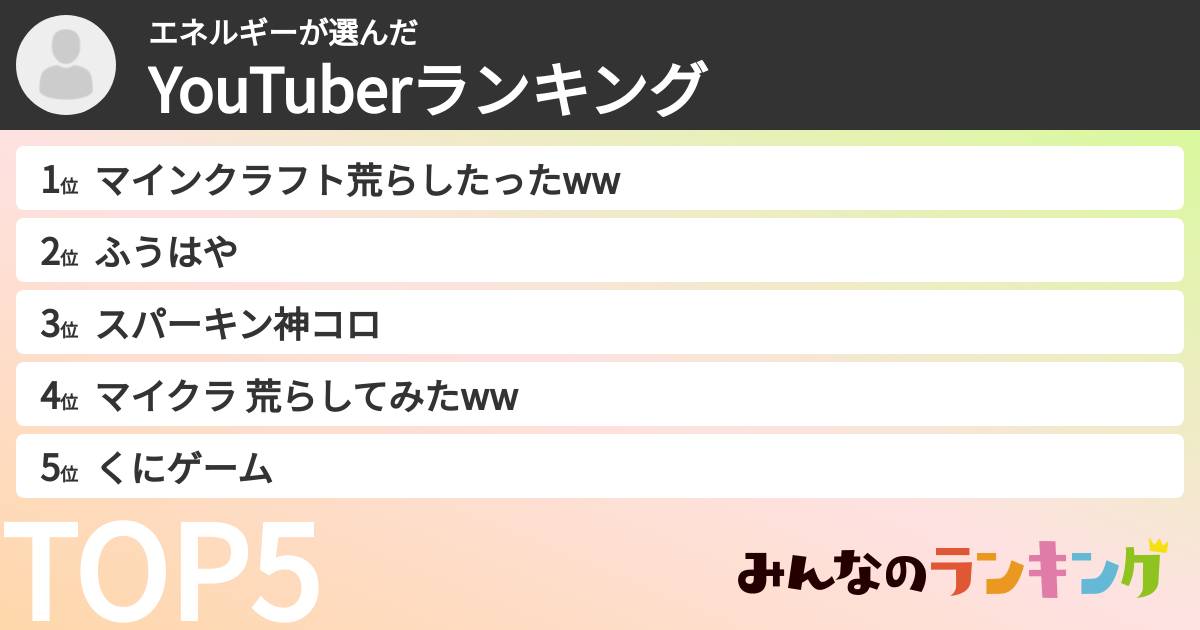 エネルギーさんの「YouTuberランキング」