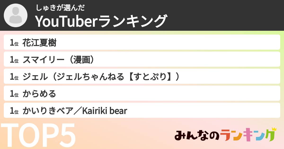 しゅきさんの「YouTuberランキング」
