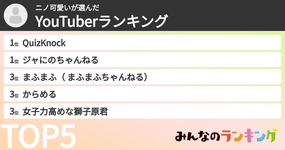 ニノ可愛いさんの「YouTuberランキング」