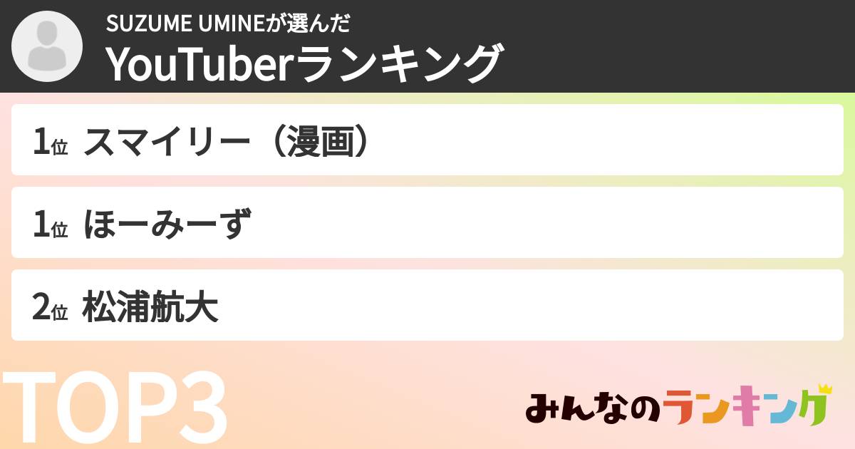 SUZUME UMINEさんの「YouTuberランキング」