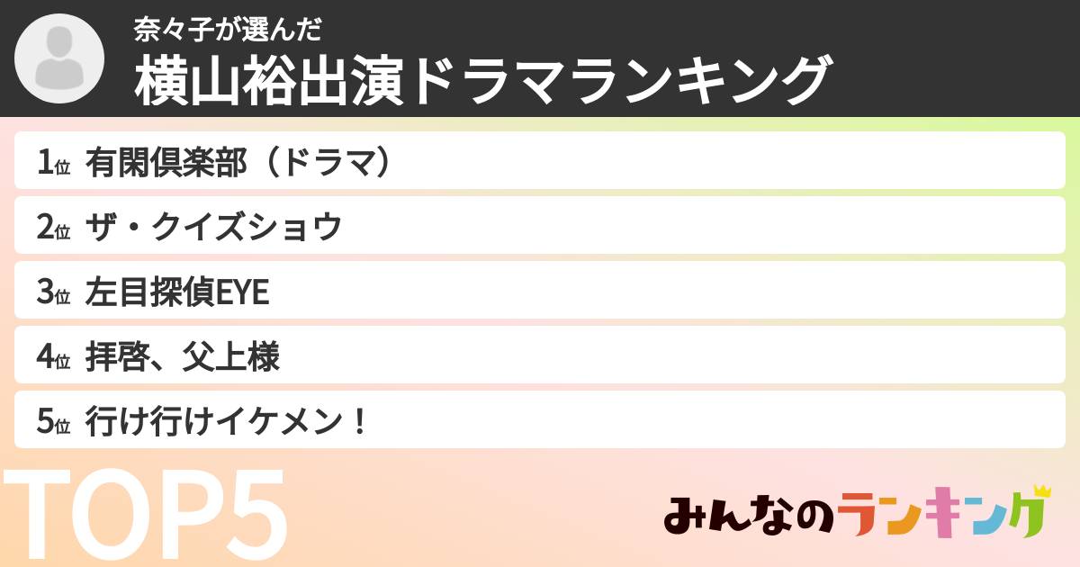 奈々子さんの「横山裕出演ドラマランキング」